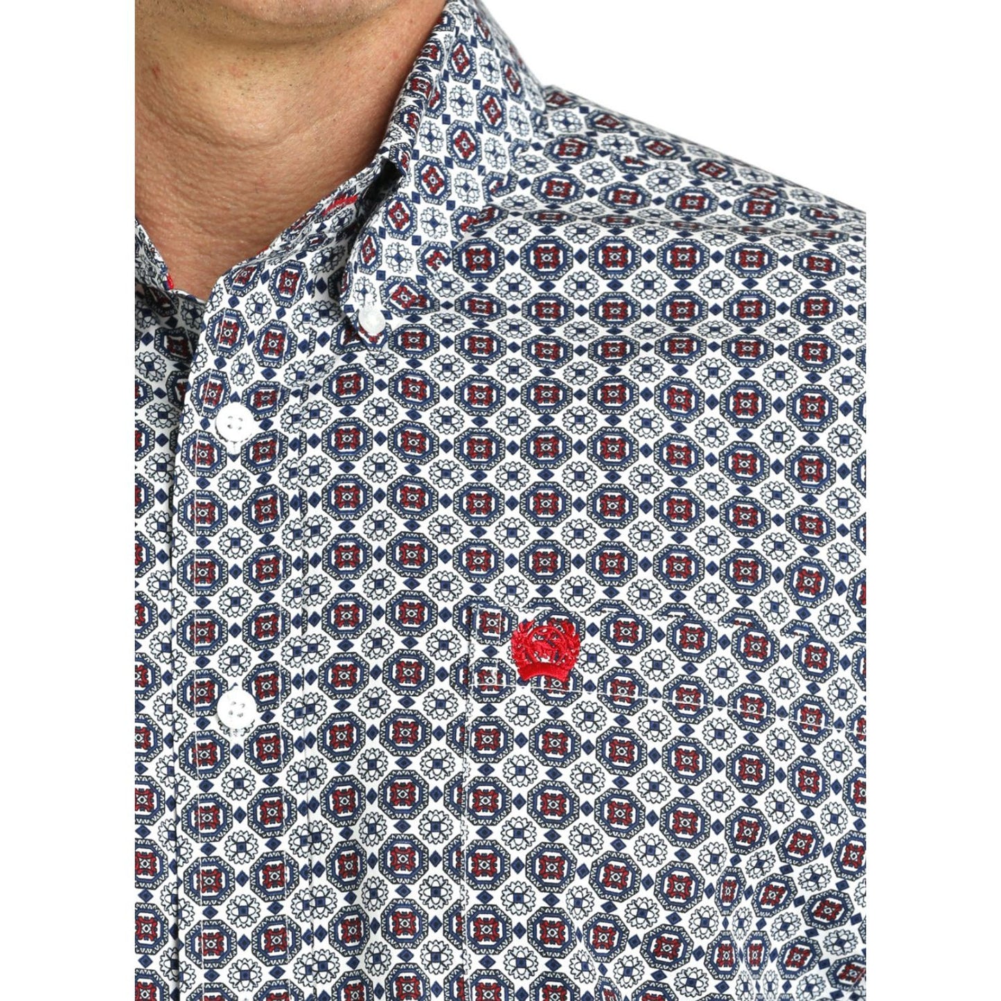 MEN'S MEDALLION PRINT BUTTON-DOWN WESTERN SHIRT - BLUE/RED