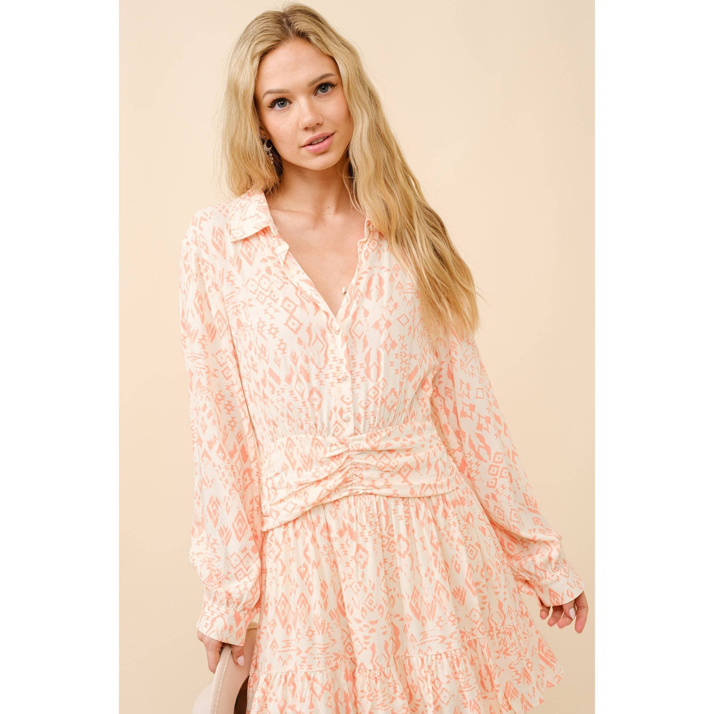 34940D - Ikat Aztec Print Button up Ruched Waist Shirt Dress