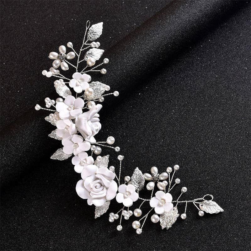 Pearl Flower Leaf Bridal Wedding Hair Clip in Solid Copper
