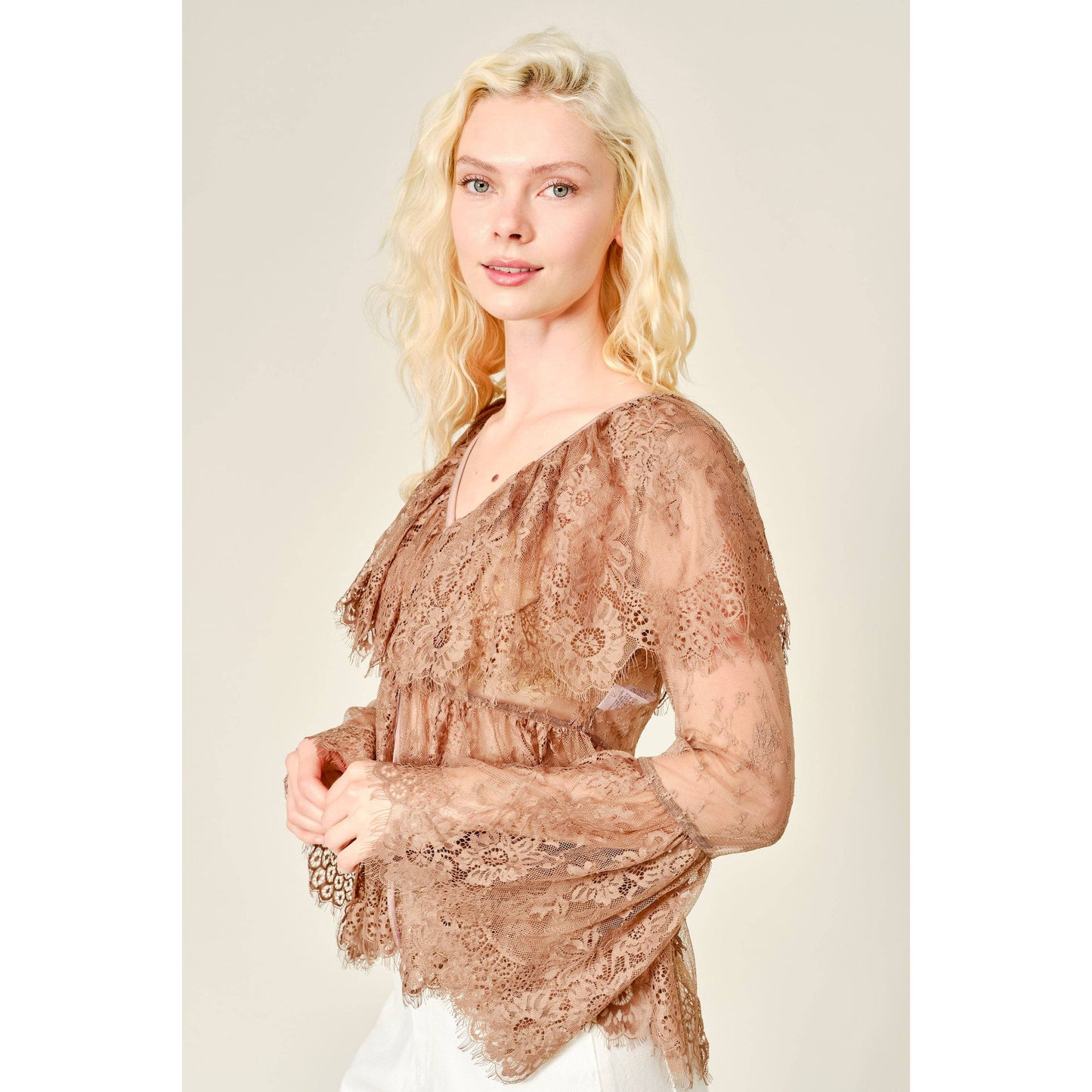 Blue b Ruffle Long Sleeve Lace Sheer Cape Blouse 52196T