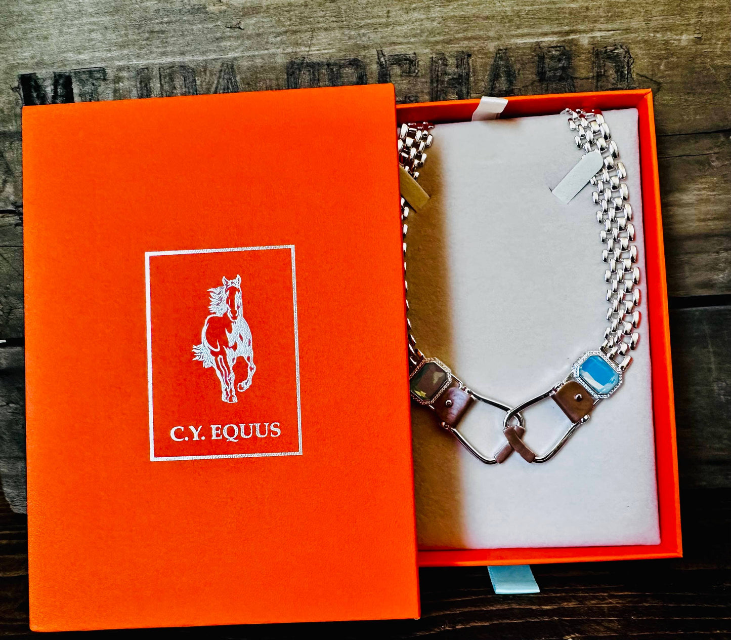 Bold Western Saddle Stirrup Necklace Aqua stone