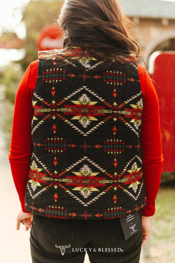 Black Red Aztec Quilted Lined Zip-up Vest