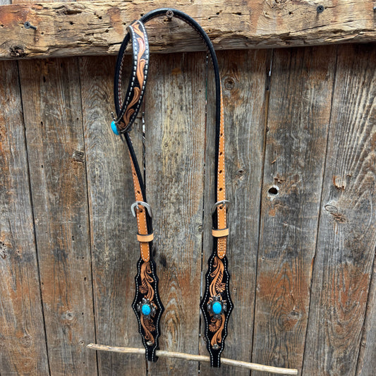 Two Tone Floral Triangle Antique Silver Turquoise One Ear Headstall