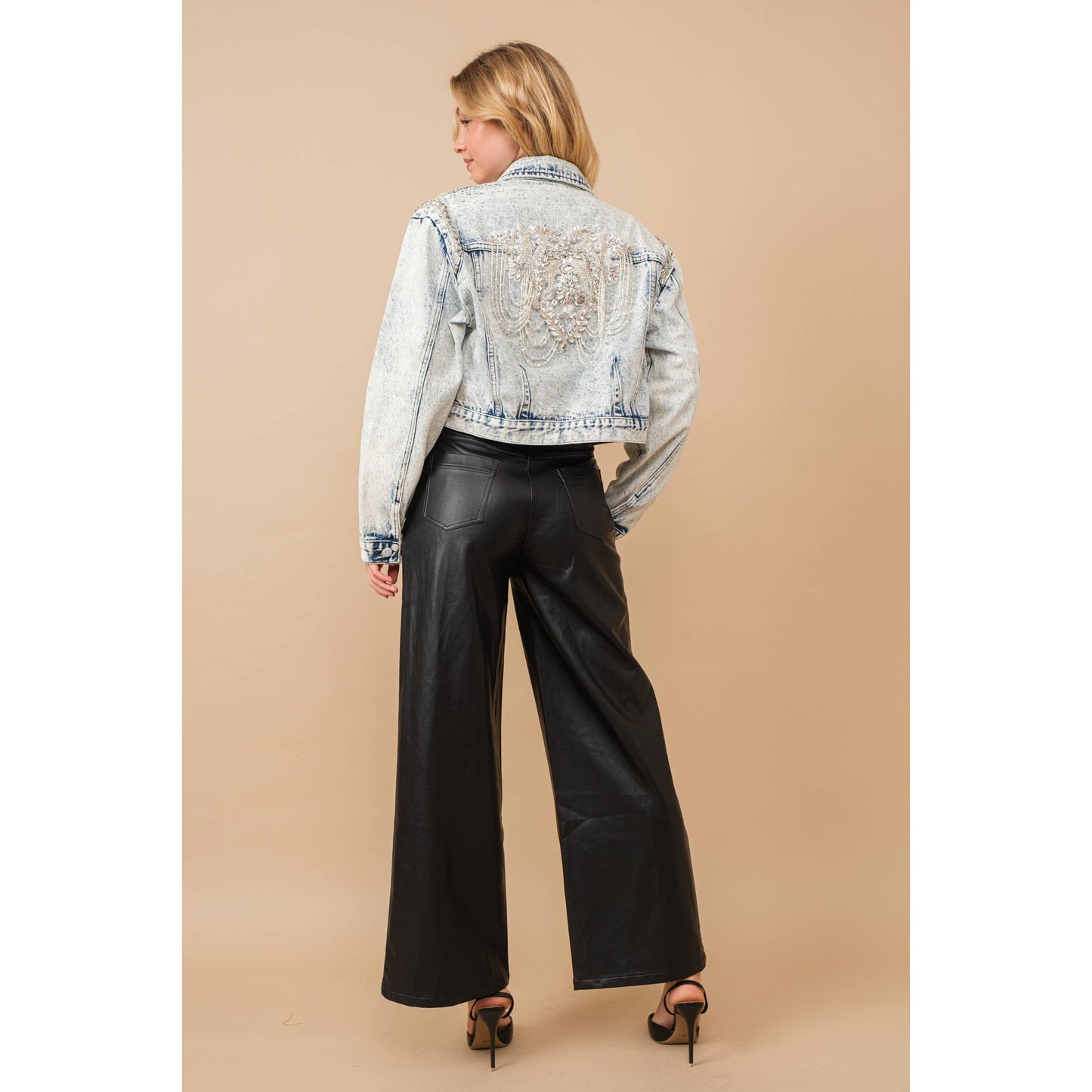 80037J - Acid Washed Shoulder Beading Denim Jacket