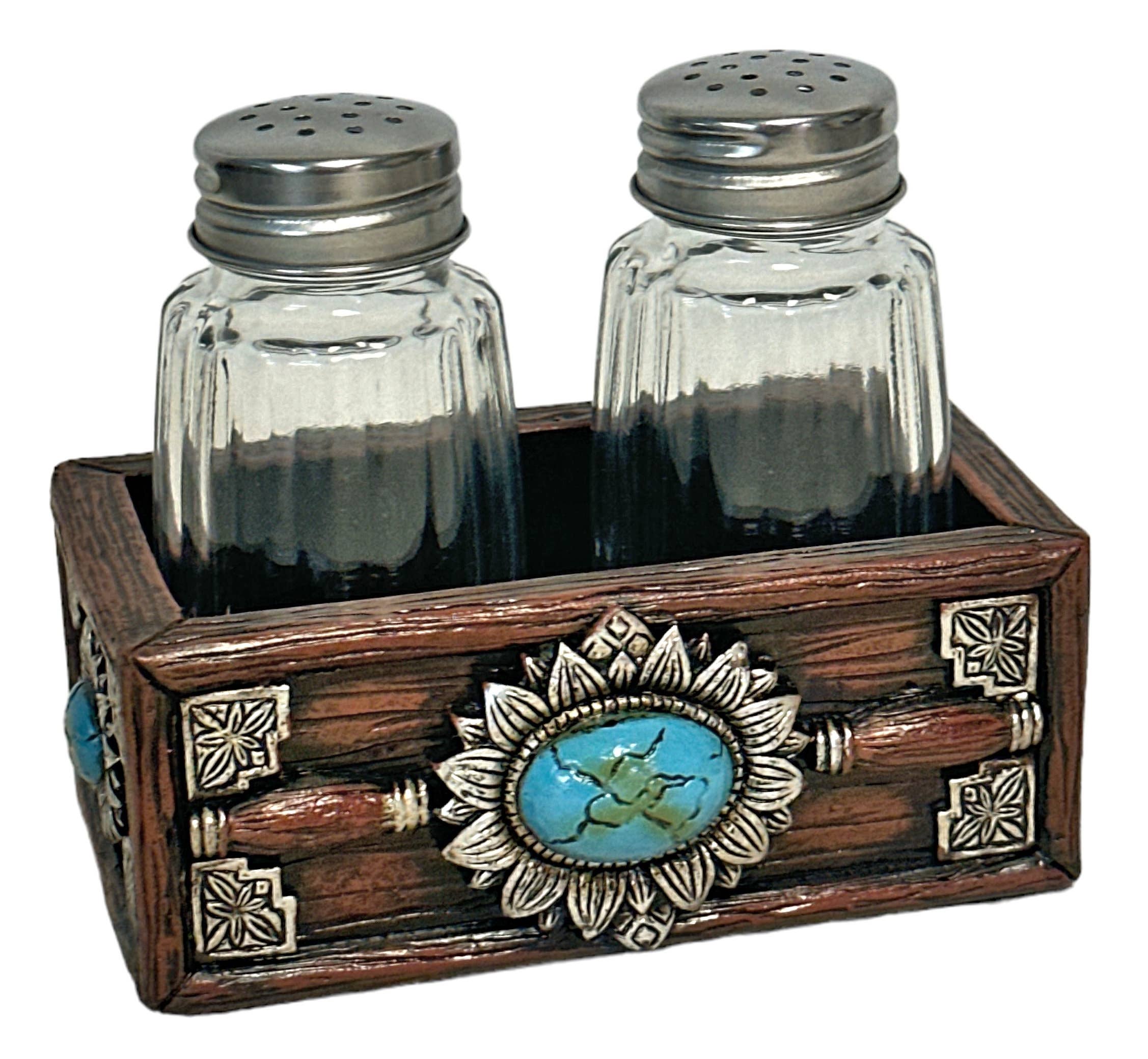 Turquoise Pendant Stone Salt and Pepper Shaker Holder Set