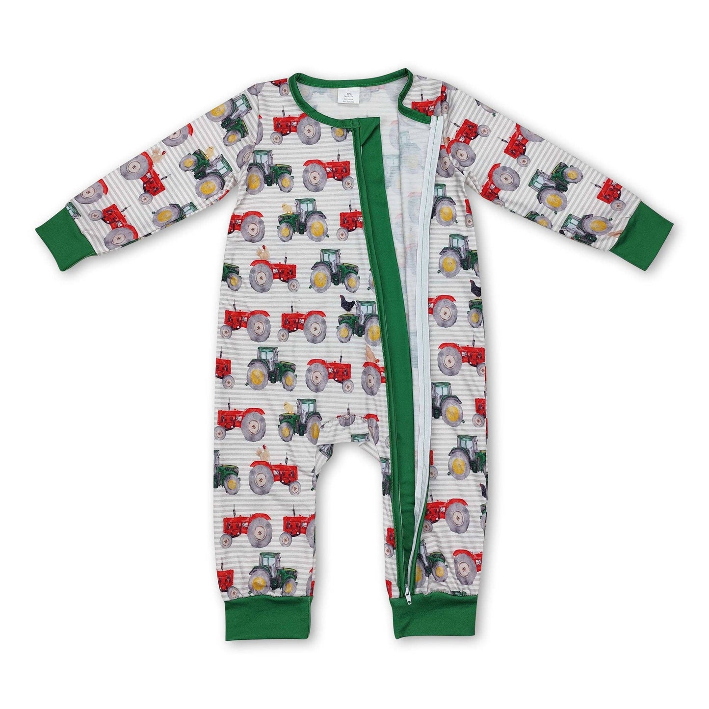 Green red tractor baby boy farm bamboo zipper romper