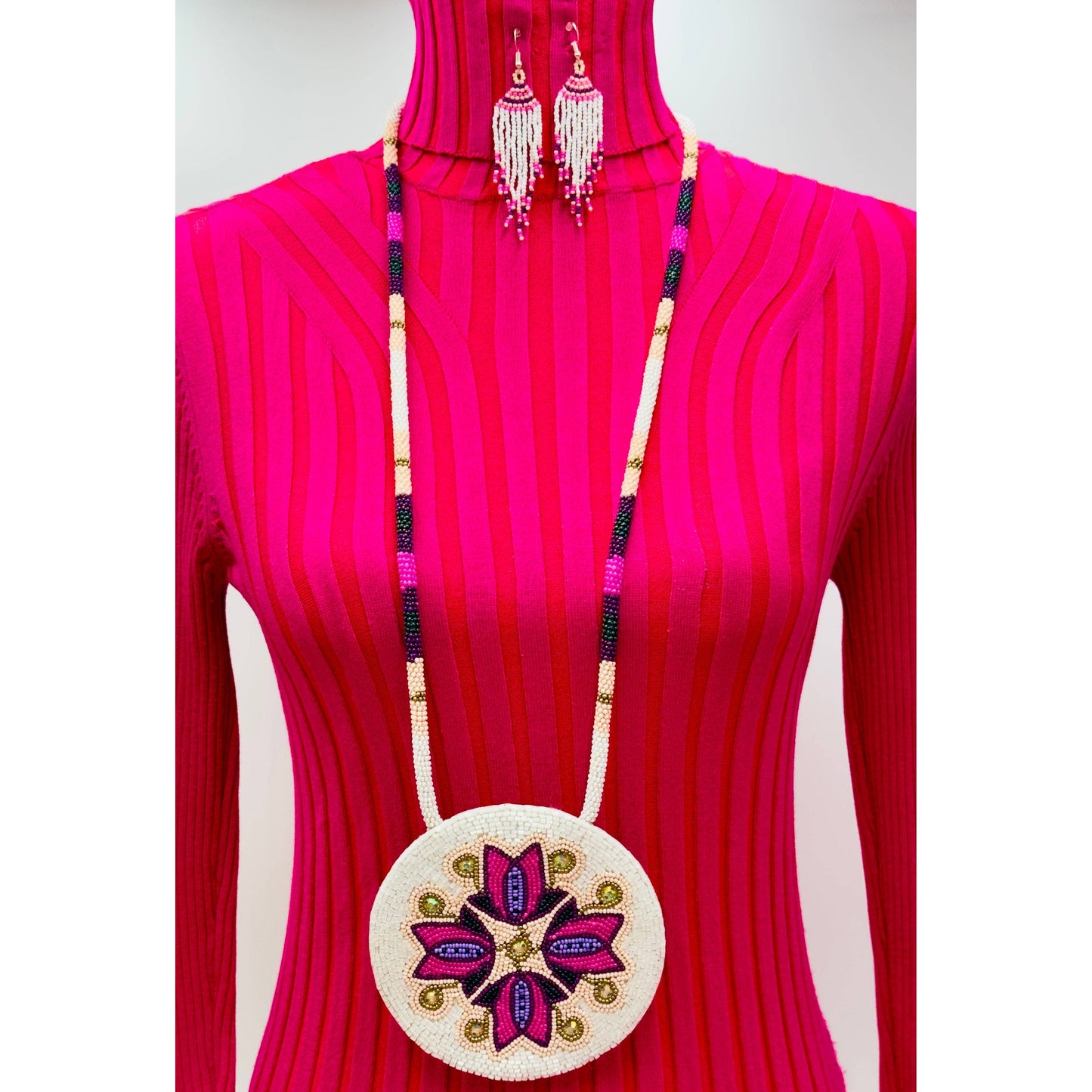 Pink Purple Floral Beaded Pendant Necklace & Earrings Set
