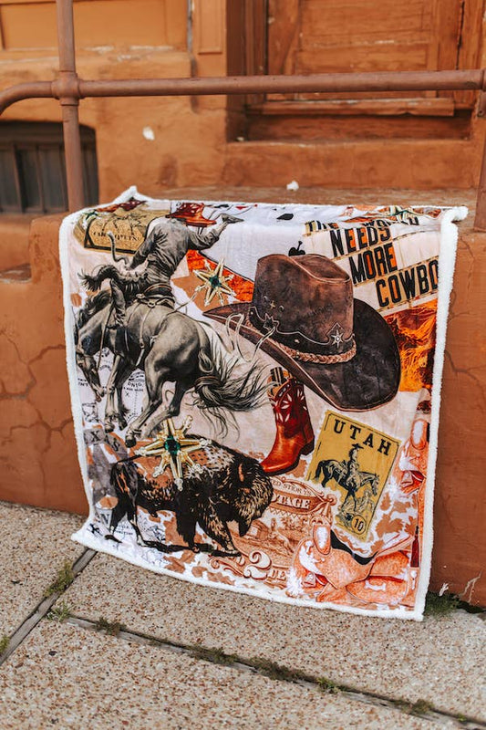 Western Cowboy Collage Ivory Sherpa Blanket