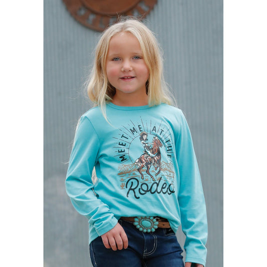 GIRL'S LONG SLEEVE MEET ME AT THE RODEO TEE - TURQUOISE