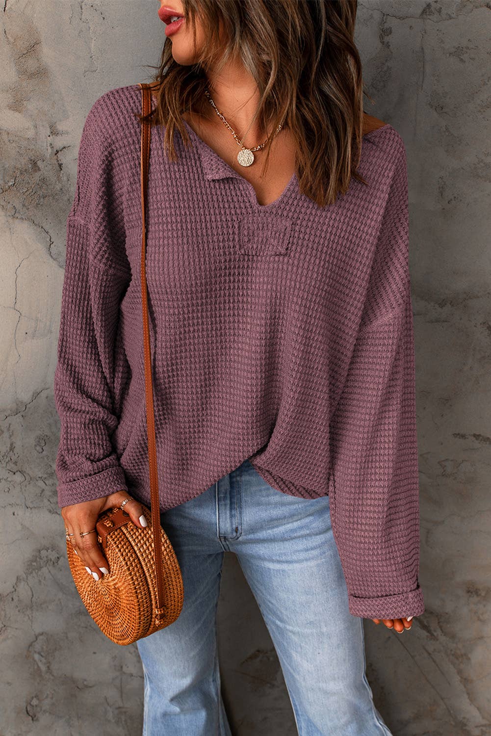 Waffle Knit Loose Long Sleeve Top