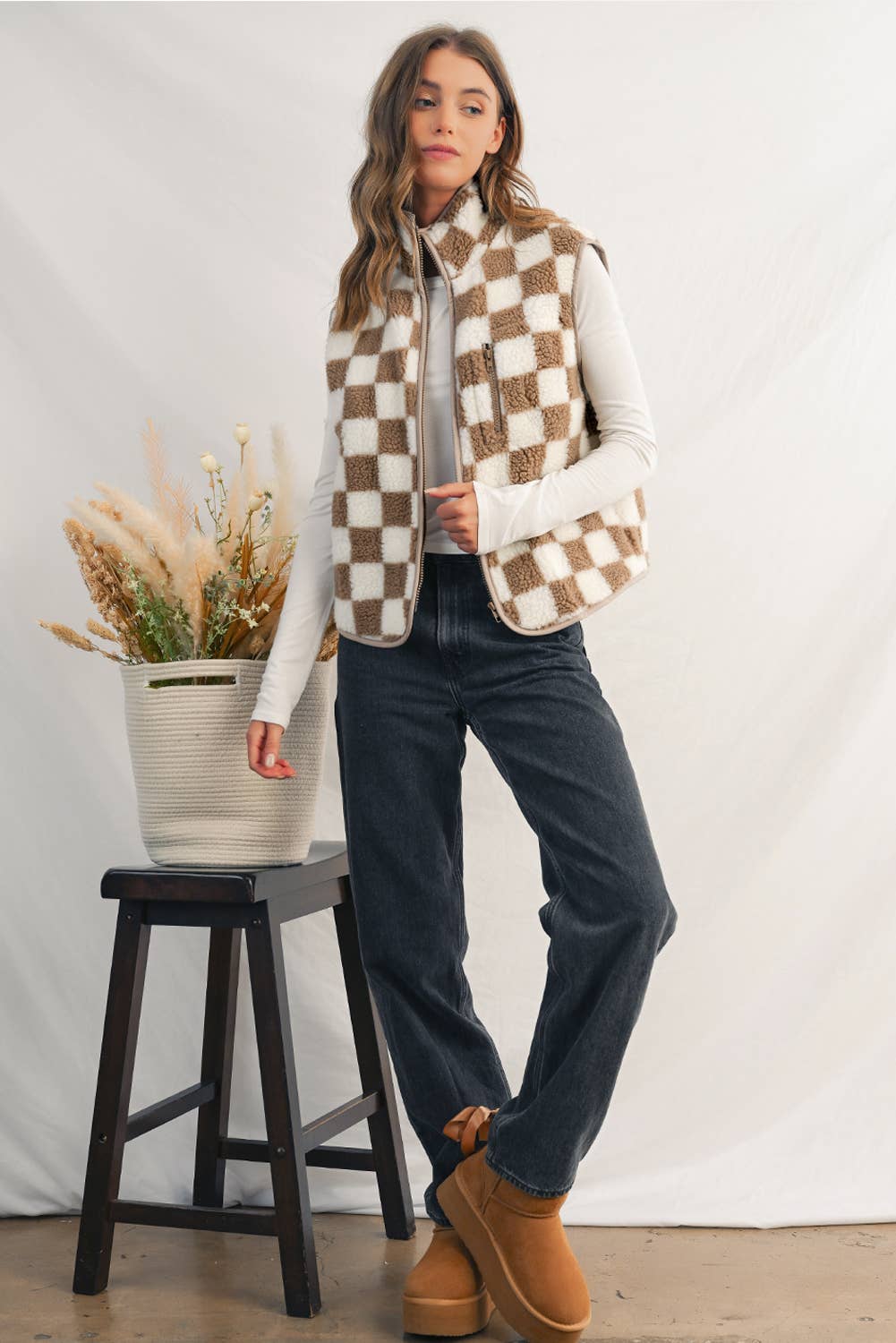 Checkered Collared Sherpa  Jacket Vest