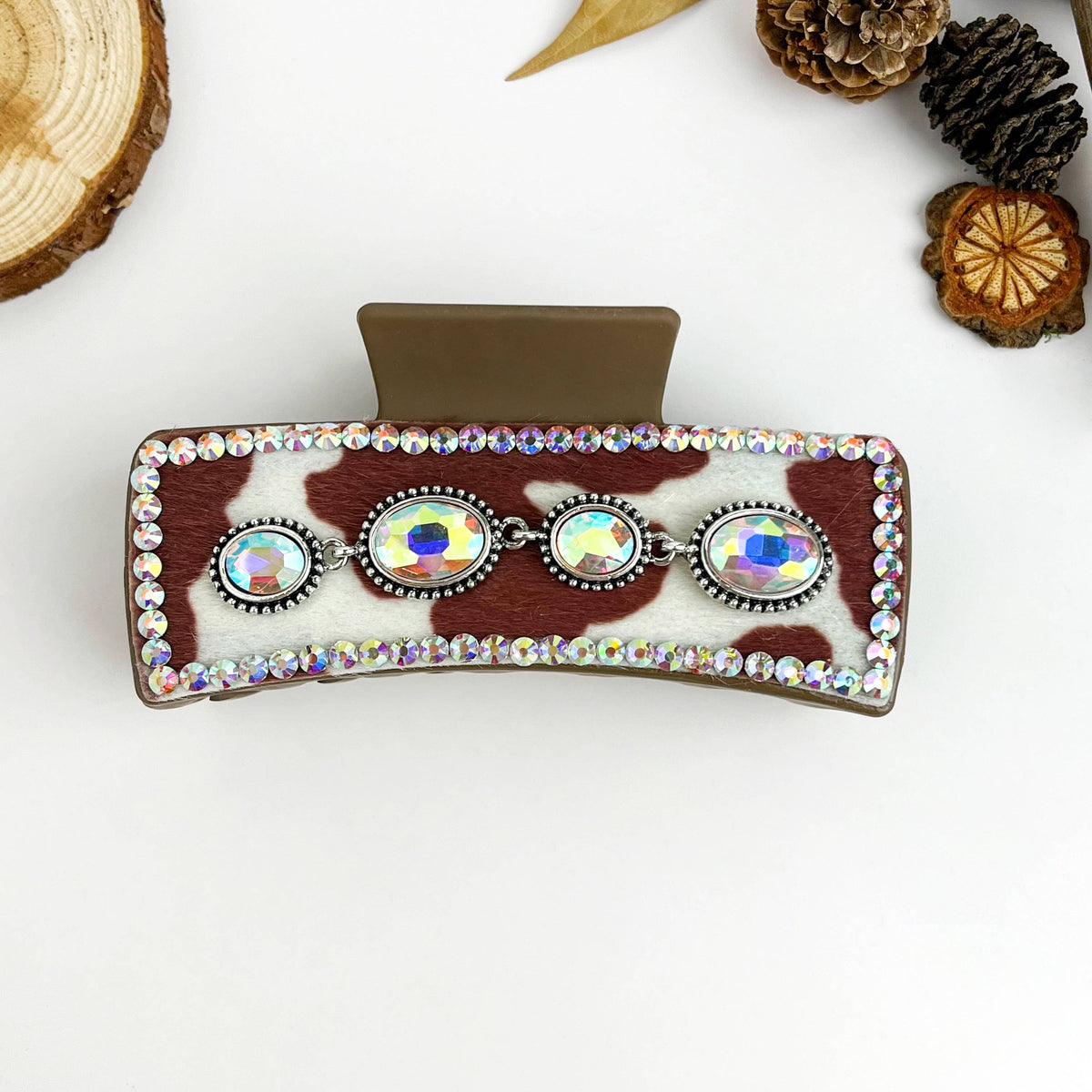 Vintage Western Cowboy Cow Print Rhinestone Hair Claw Clip