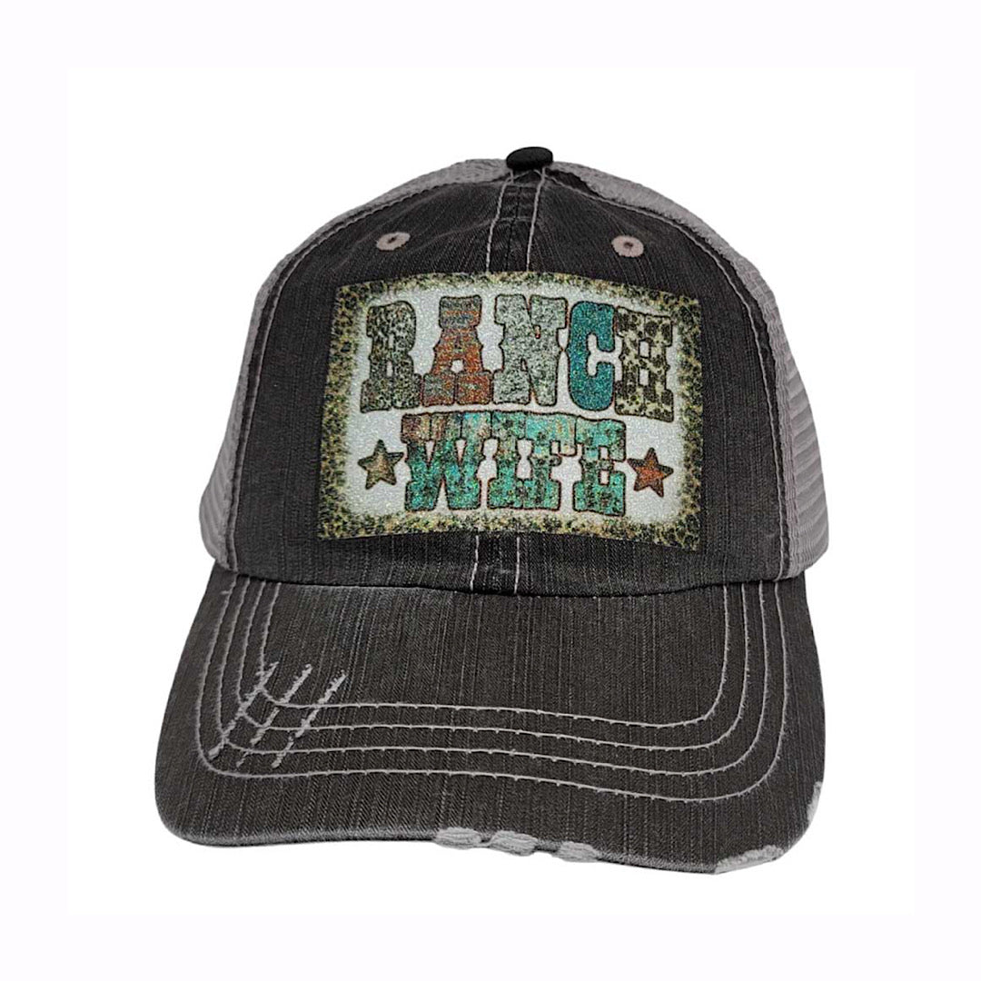 BHW - Distressed Black & Grey With Glitter Patch “Ranch Wife” Velcro Back Ladies Ball Cap