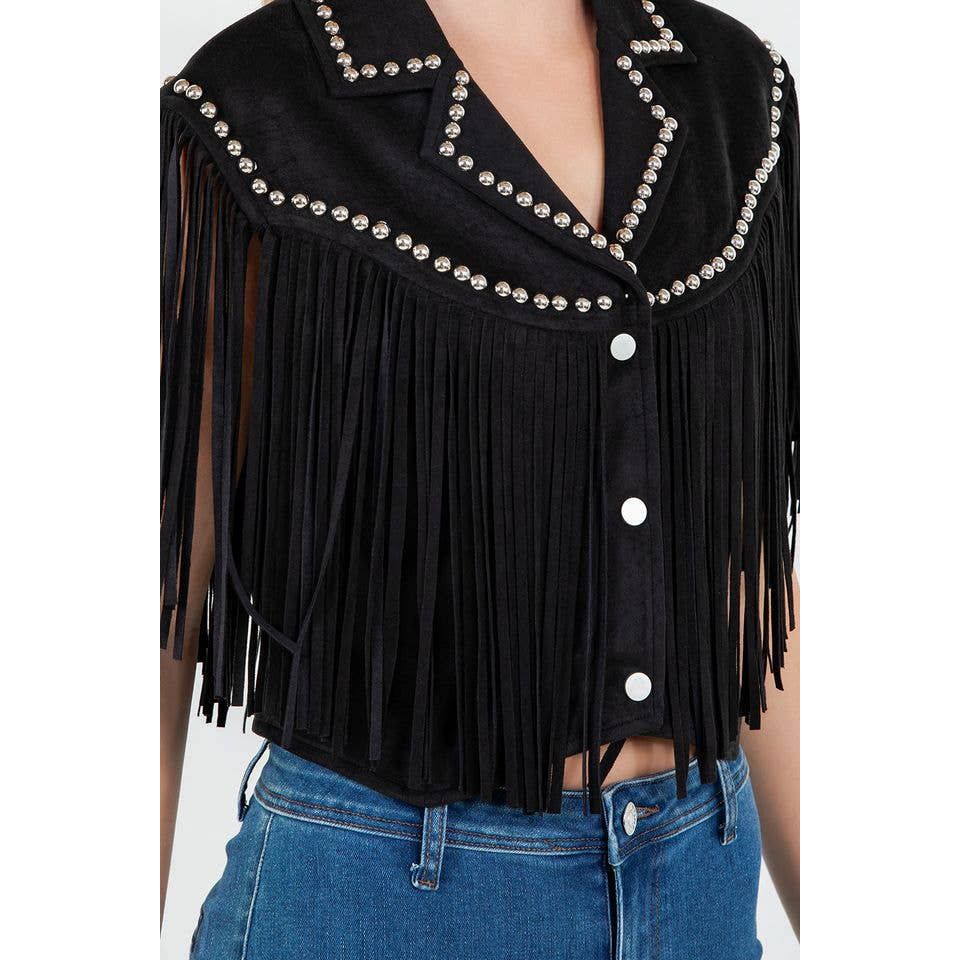 SIJ5407A BLACK FRINGE AND STUDDED DETAIL VEST