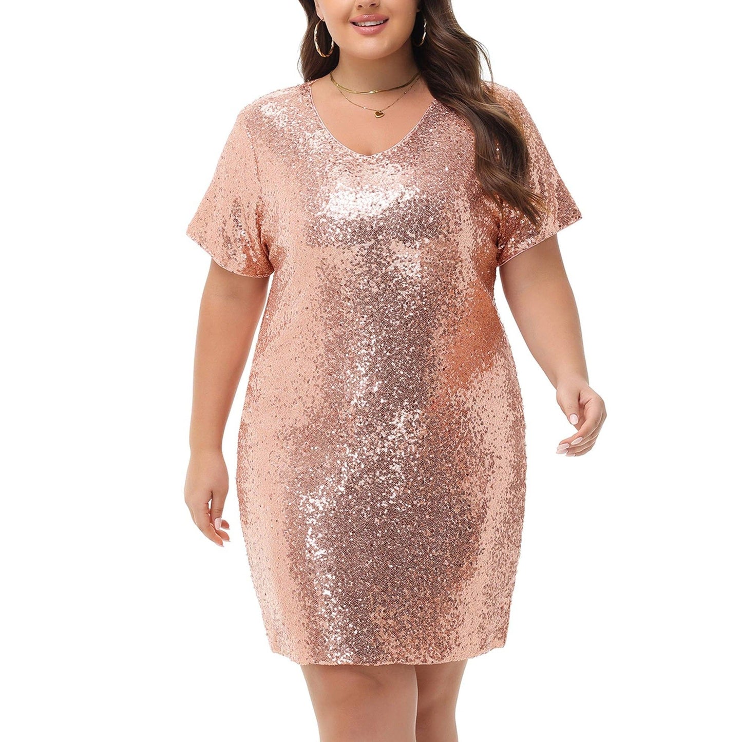 Plus Size Short Sleeve V Neck Sequin Dresses
