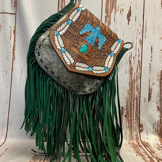 American Darling - Green Leather Hide With Tooled & Fringe Accents Handbag ADBGZ479B