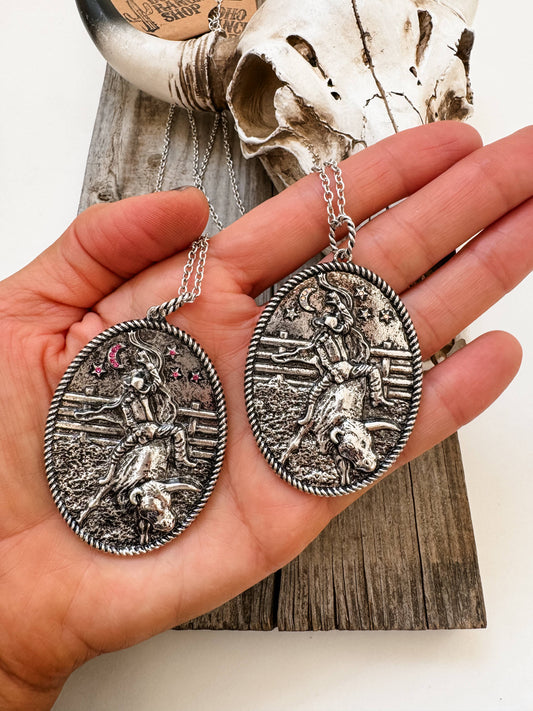Western Cowboy Bull Riding Pendant Necklace