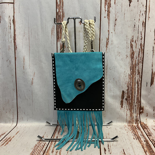 Mouse n' Ruby Original - Turquoise  & Black Leather & Suede with White Buckstitch & Fringe Handbag