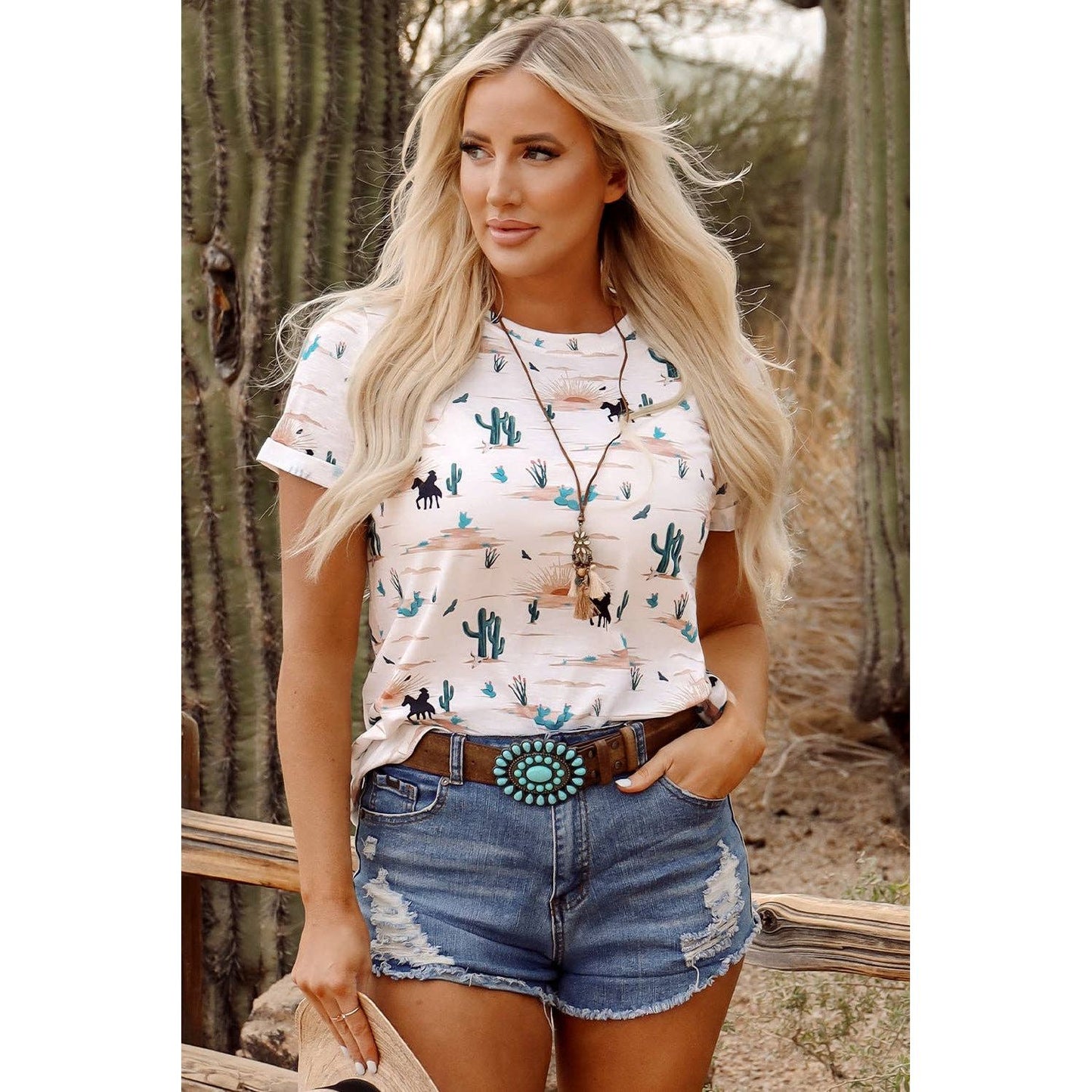 PRETTY BASH Western Cactus Crew Neck Short Sleeve Top