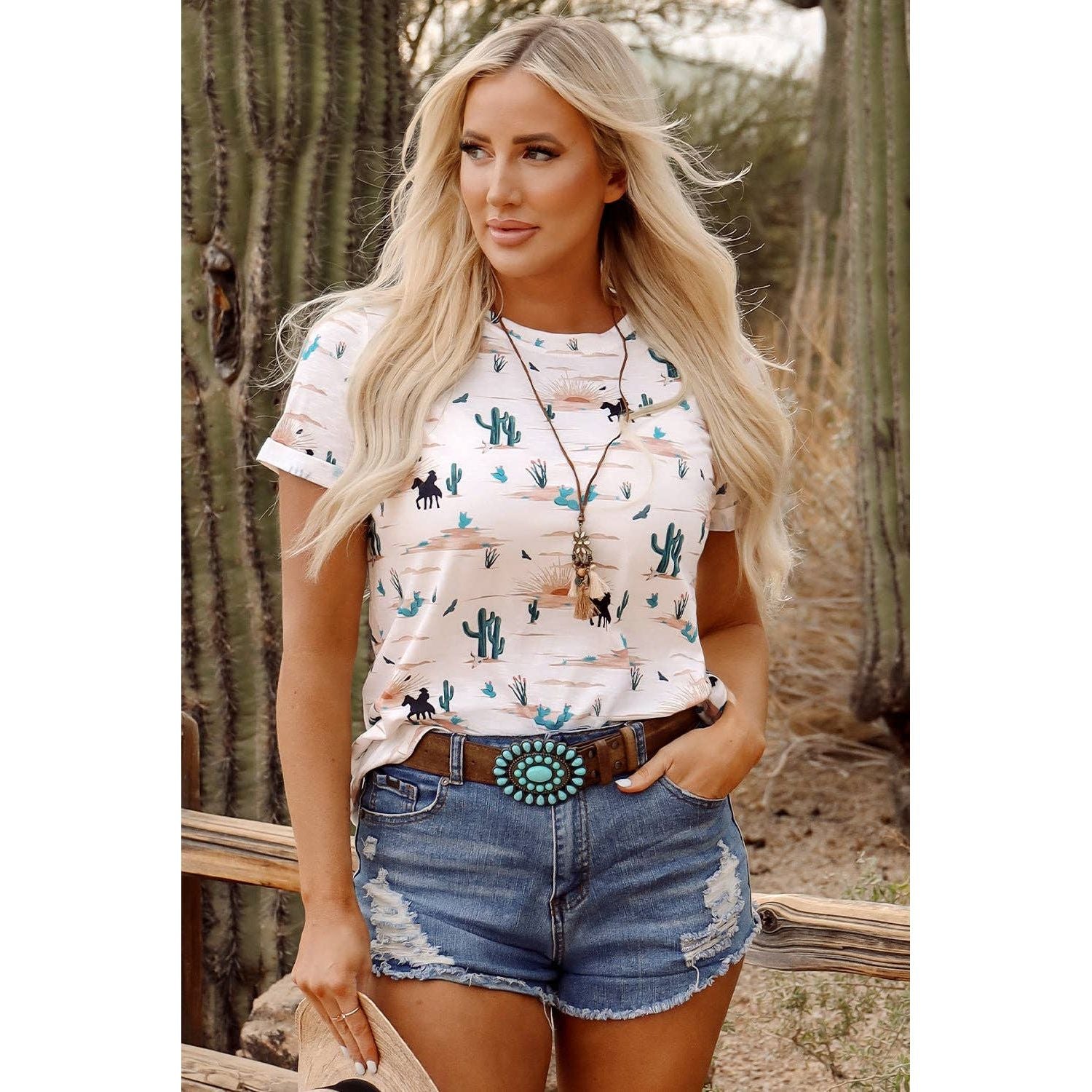 PRETTY BASH Western Cactus Crew Neck Short Sleeve Top