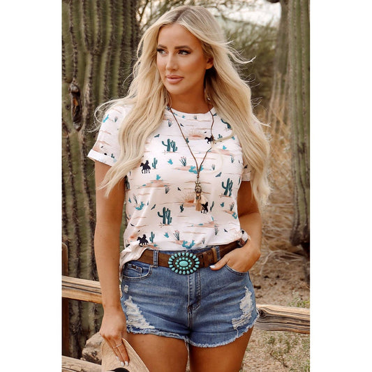 PRETTY BASH Western Cactus Crew Neck Short Sleeve Top