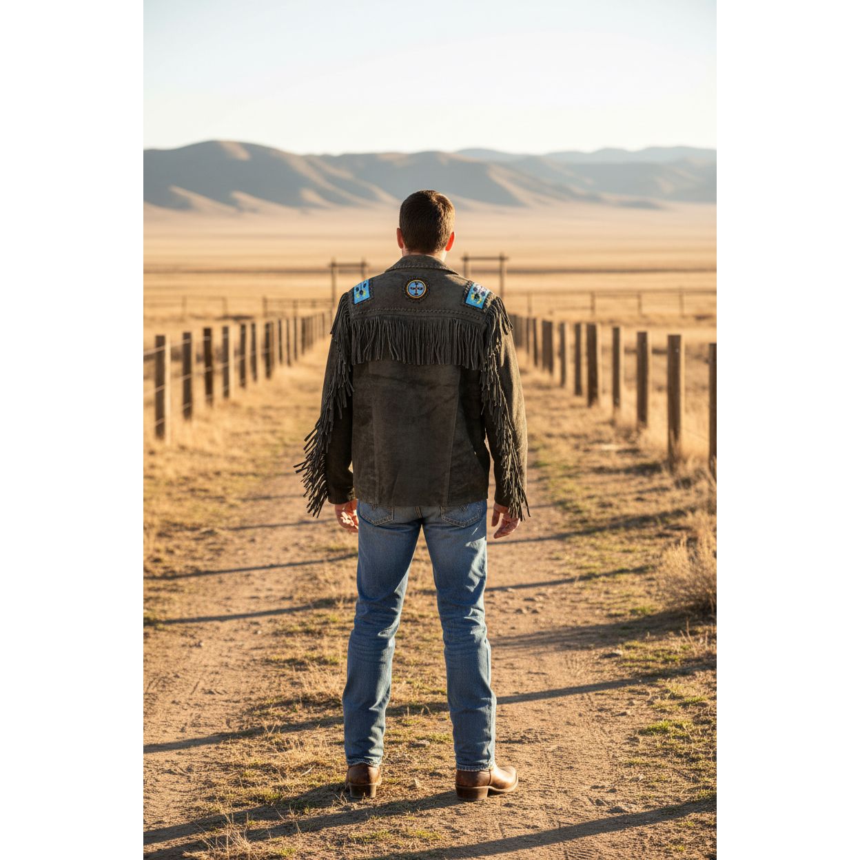 Ranchmans Leather Suede Jacket, Fringe, Navajo beaded design, Brown