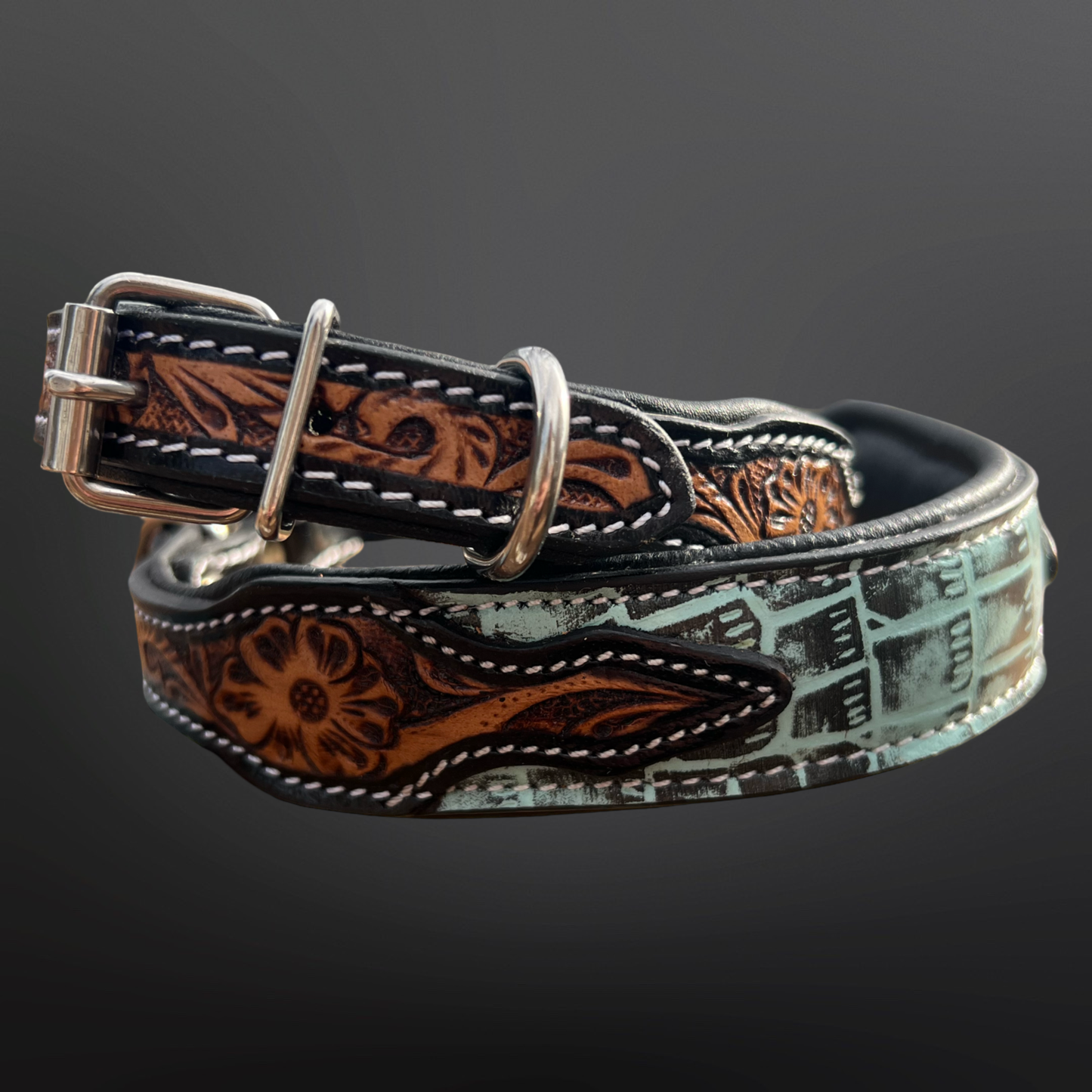 Western Dog Collar Tooled Leather Turquoise Embossed Leather