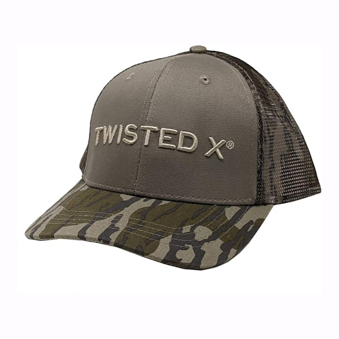 Twisted X - Brown & Mossy Oak Camo Pattern Embroidered Tan Logo Snap Back Men’s Ball Cap XC-MO1