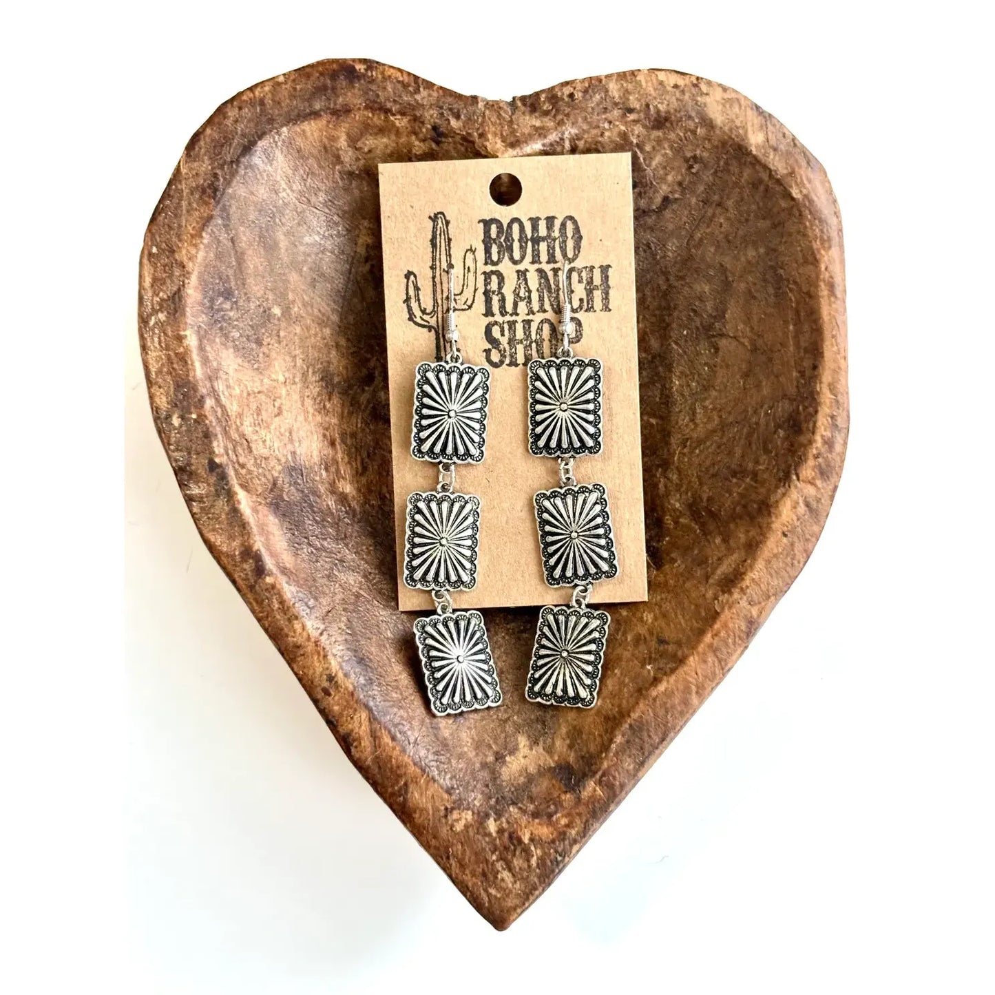 3 Tier Western Rectangle Concho Drop Dangle Earrings
