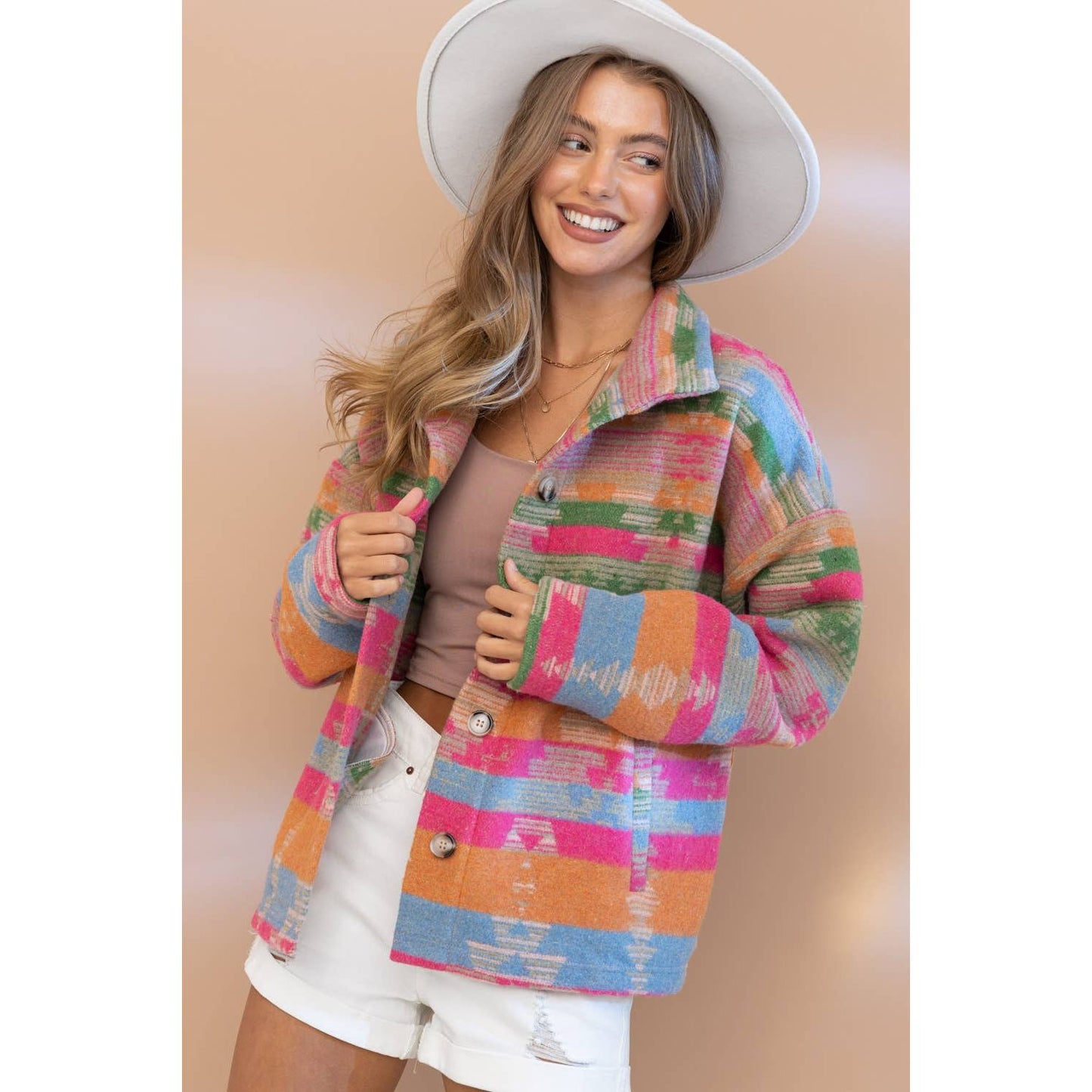 32296J - Aztec Pattern Button Up High Collar Jacket