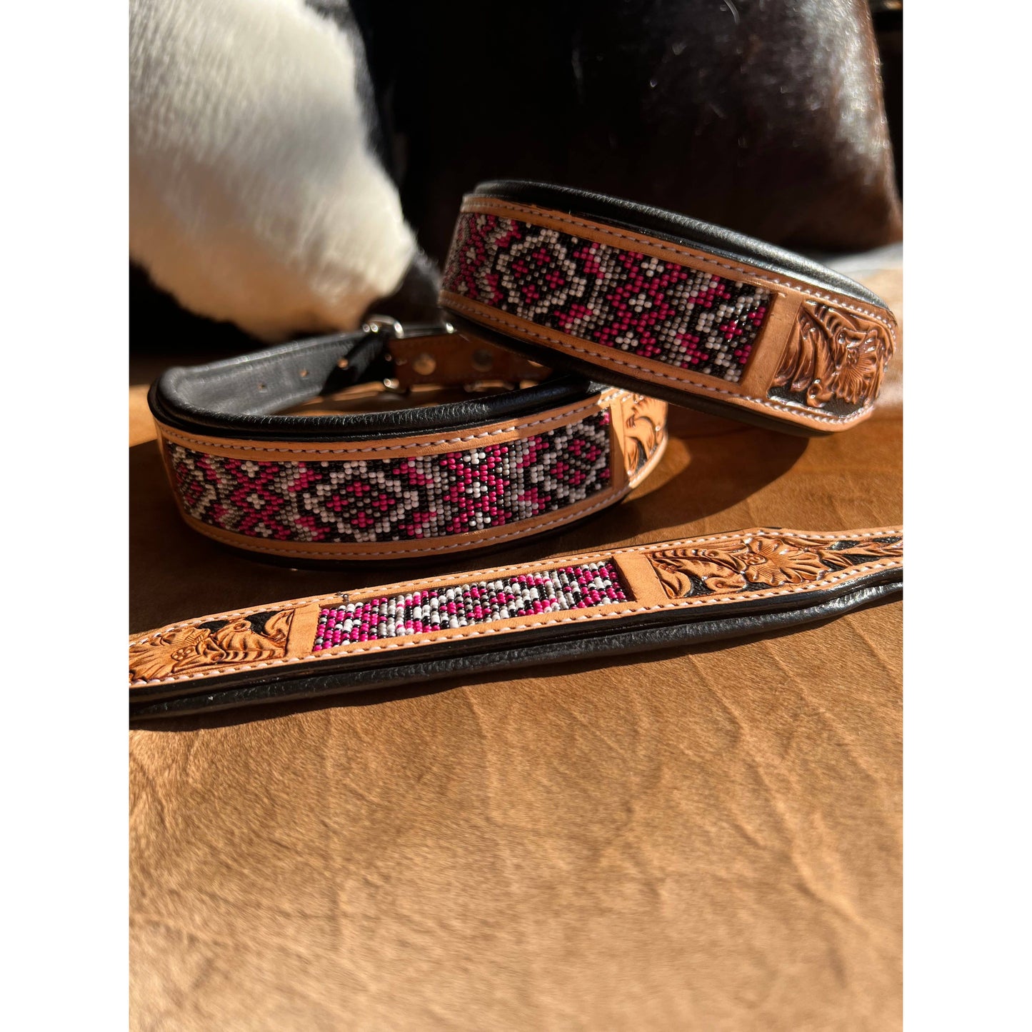 Western Equestrian Tooled Pink Leather Beaded Dog Collar