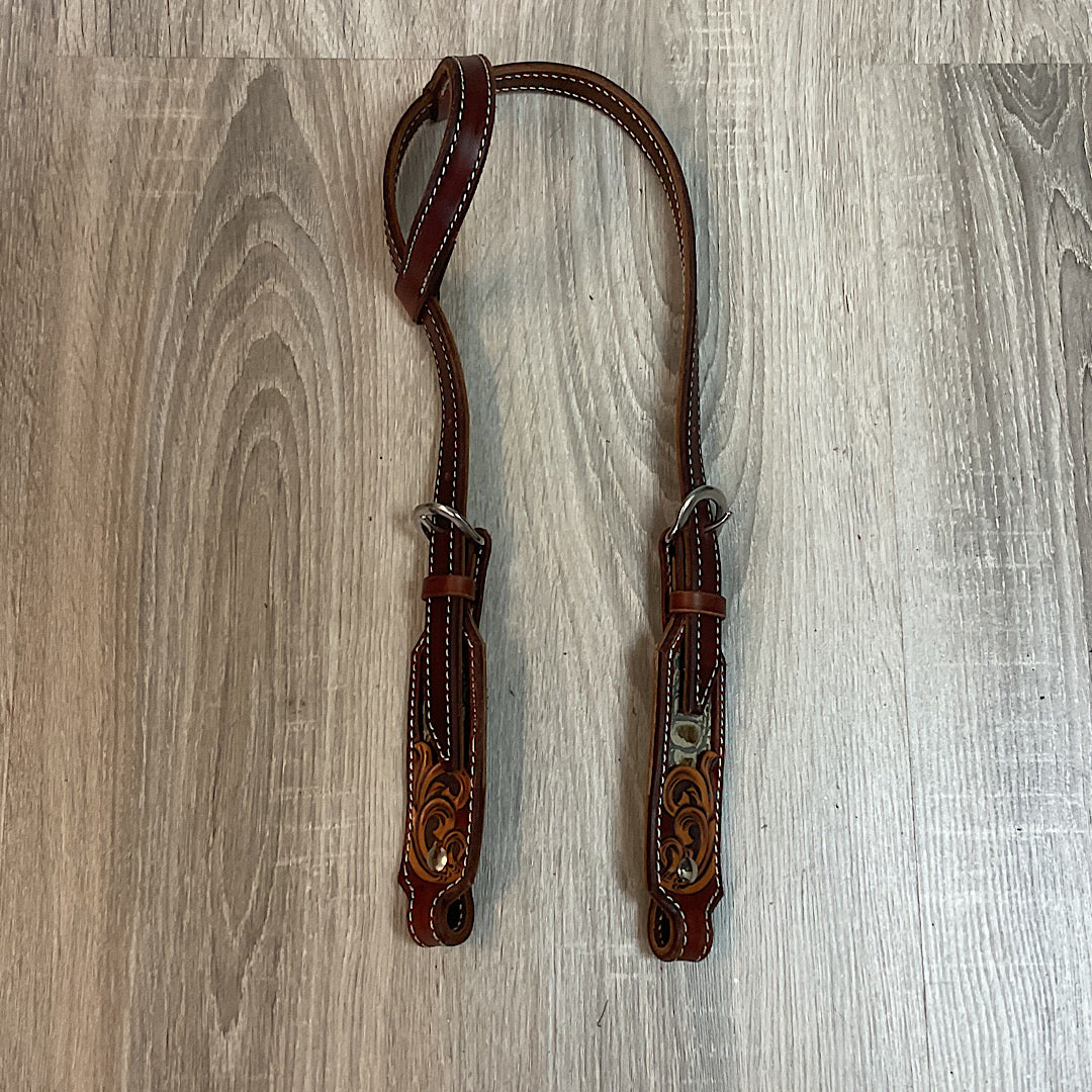 Twisted Pistol Design - Chestnut Leather With Turquoise Gator Inlay Short Cheek Single Ear Headstall