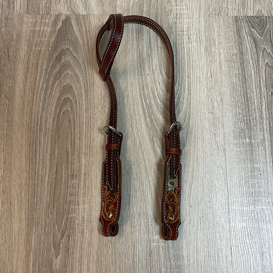 Twisted Pistol Design - Chestnut Leather With Turquoise Gator Inlay Short Cheek Single Ear Headstall