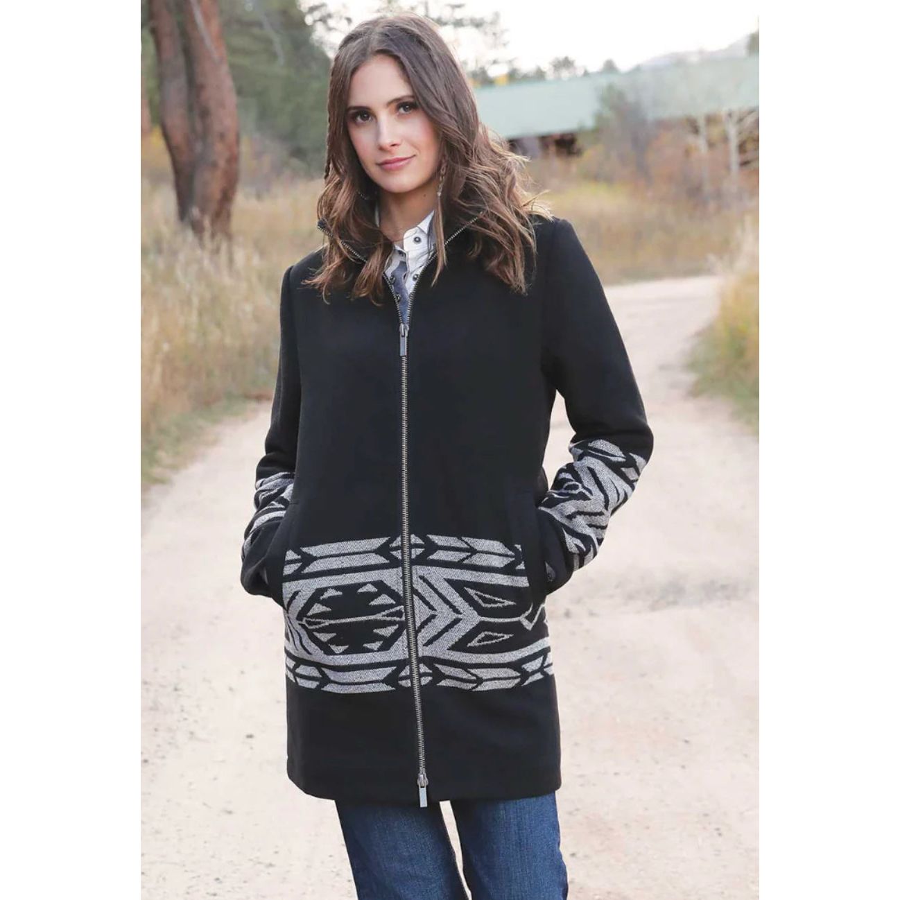 Cruel Denim Women's Black Aztec Accent Full Zip Walking Coat CWJ7478001