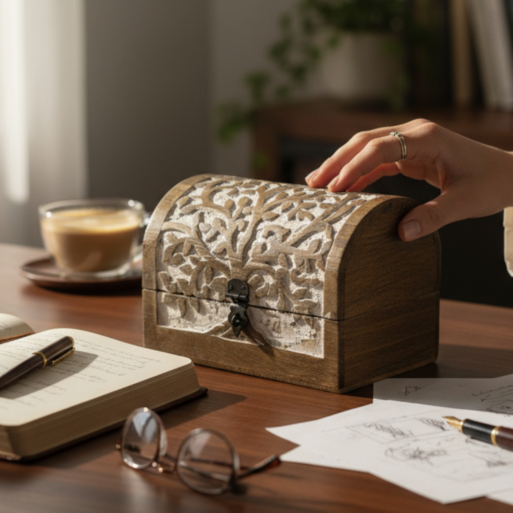 Hand-Carved Wood "Tree of Life"Hinged Box Chest Holiday