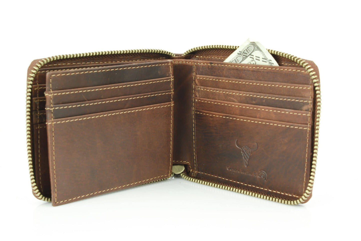 Oil Pull Up Leather RFID Zip Wallet with Center Flap 8036