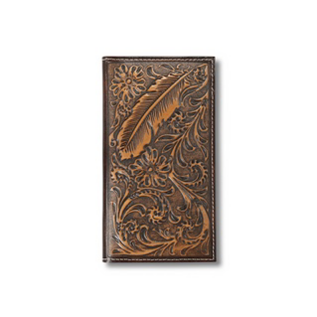 Ariat - Brown Floral & Feather Embossed Men’s Checkbook Cover/Rodeo Wallet A3557502