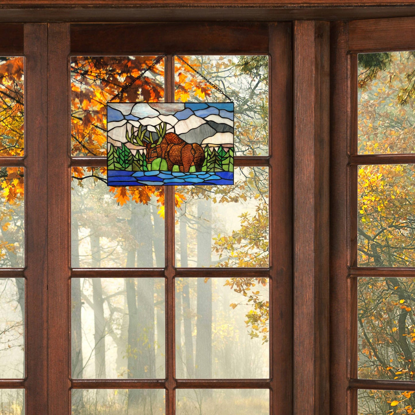 12"H Moose in Mountain Scape Stained Glass Window Panel