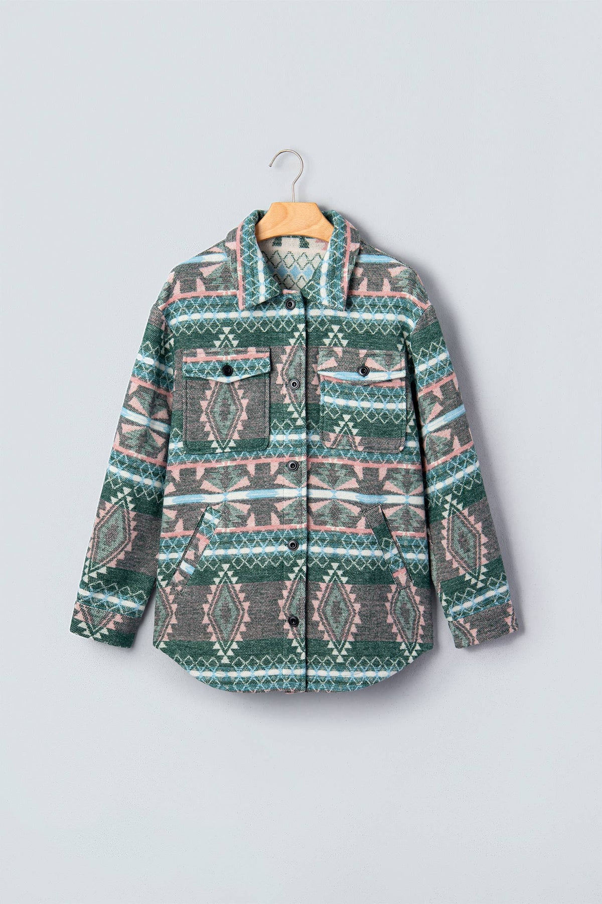 Geometric Print Button Front Long Sleeve Shacket