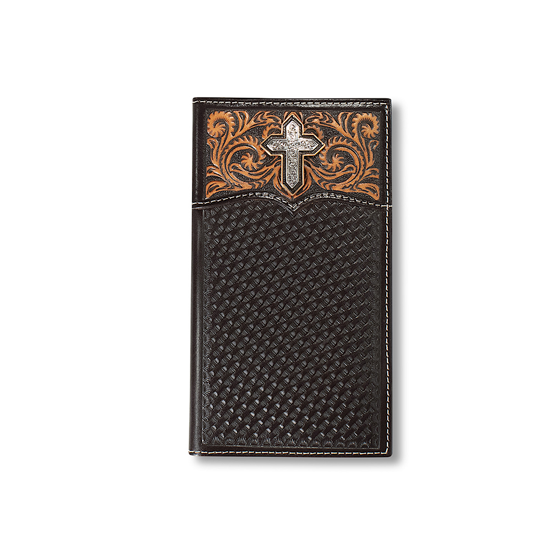 Ariat - Brown Tooled with Silver Cross Men’s Checkbook Cover/Rodeo Wallet A3557244