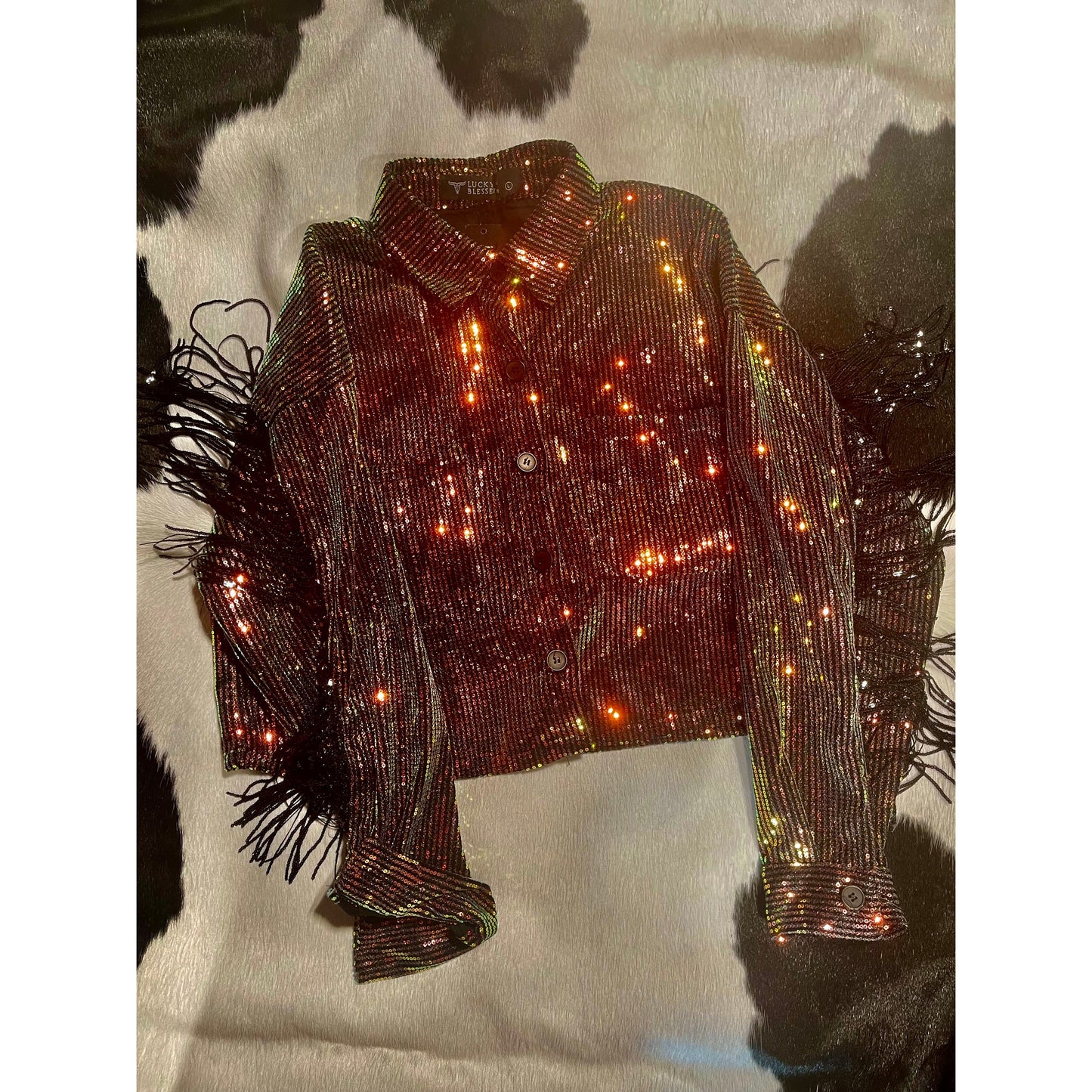 Lucky & Blessed Sequin Short Fringe Jacket in Rose Gold or Black