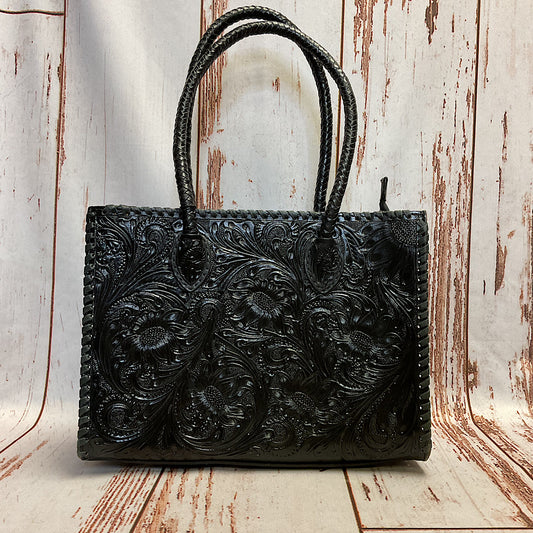 American Darling - Black Leather Fully Tooled Tote Handbag ADBG1131B