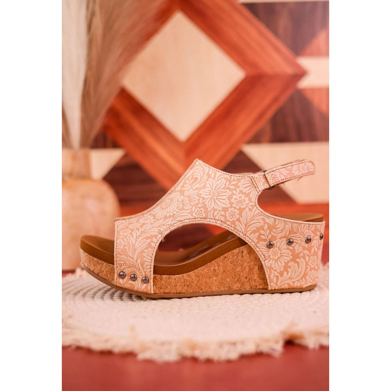 Isabella Tooled Nude Wedge Sandals