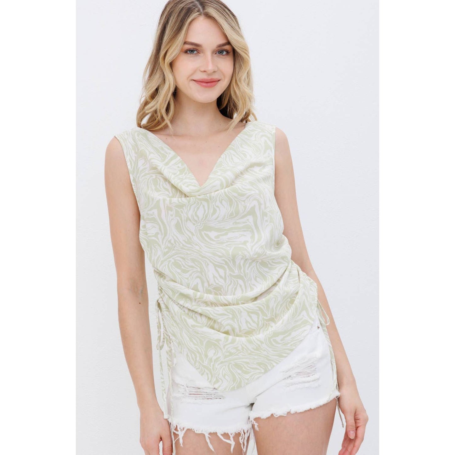 31666T - Koshibo Marble Print Cowl Neck Cinched Side Blouse