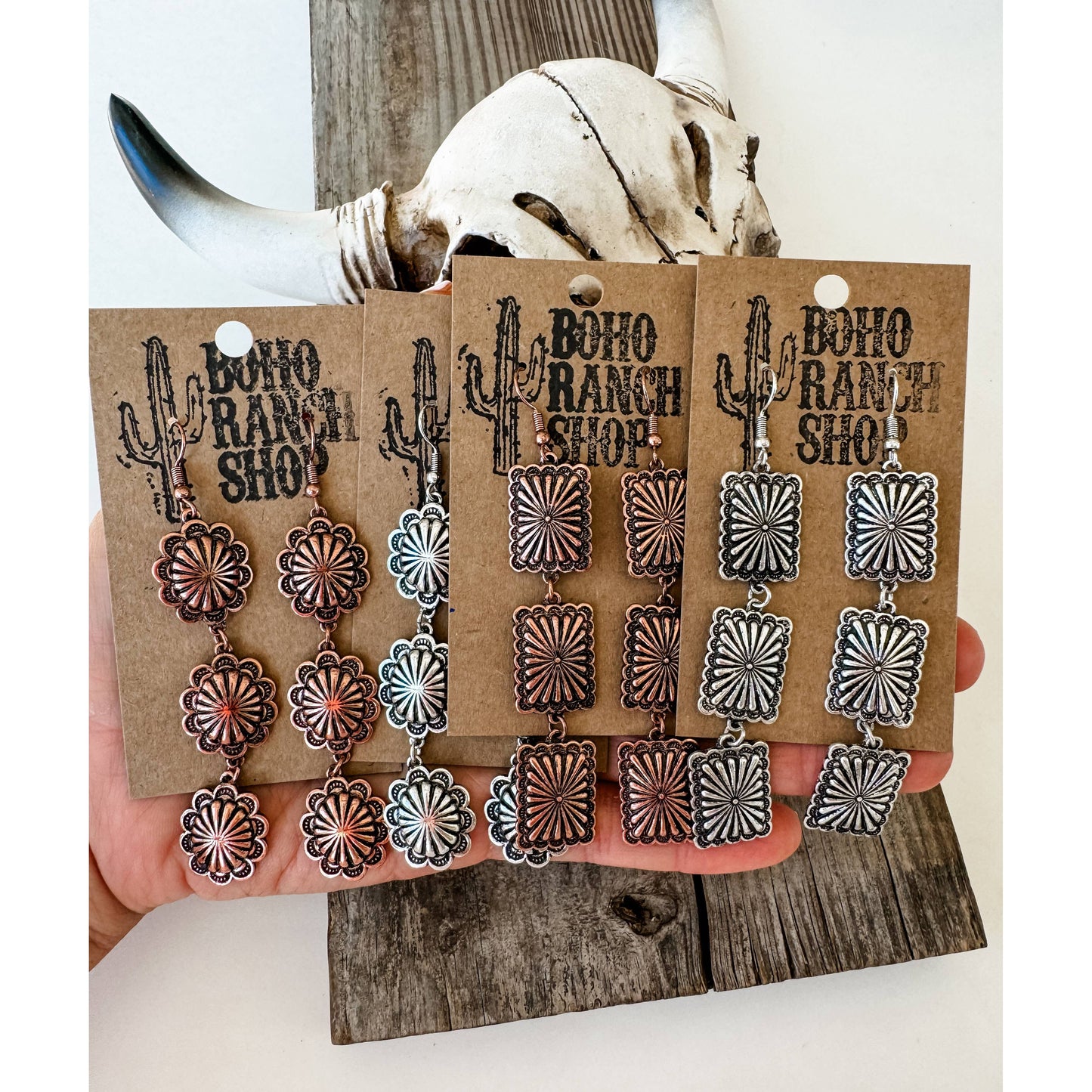 3 Tier Western Rectangle Concho Drop Dangle Earrings