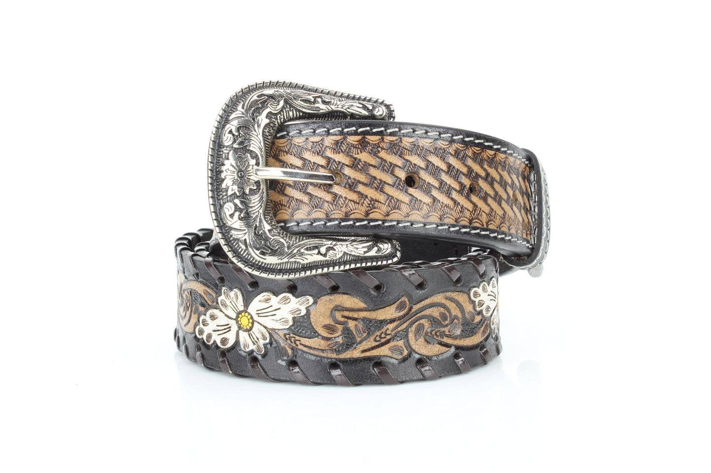Floral Belt | White Painted Flowers & Whipstitch ABB-14-121