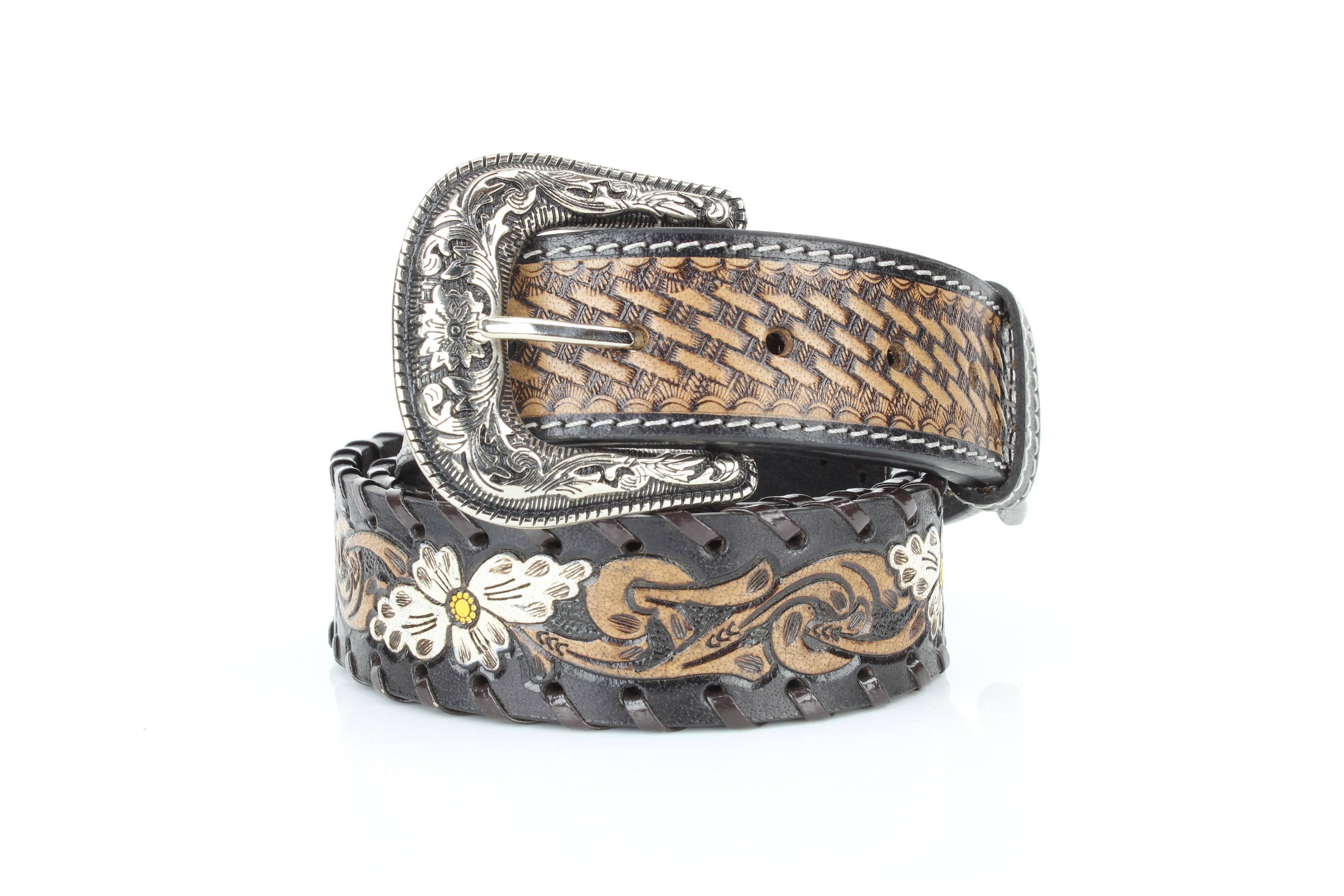 Floral Belt | White Painted Flowers & Whipstitch ABB-14-121