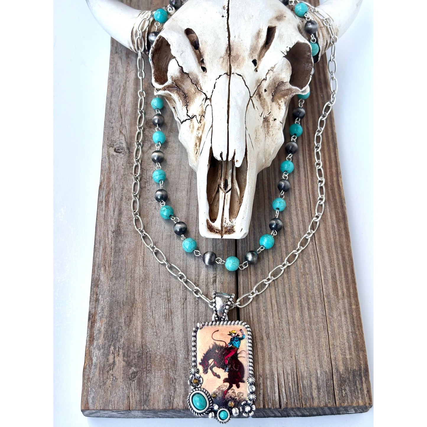 2 Layered Navajo Pearl Turquoise Stone Pendant Necklace