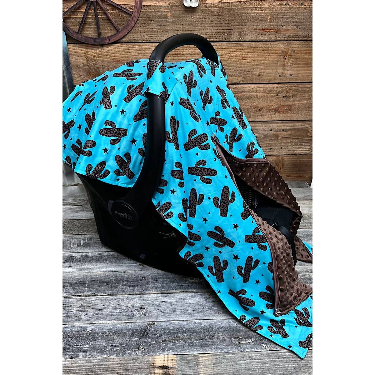 CACTUS PRINTED ON TURQUOISE CAR SEAT COVER & BROWN MINKY