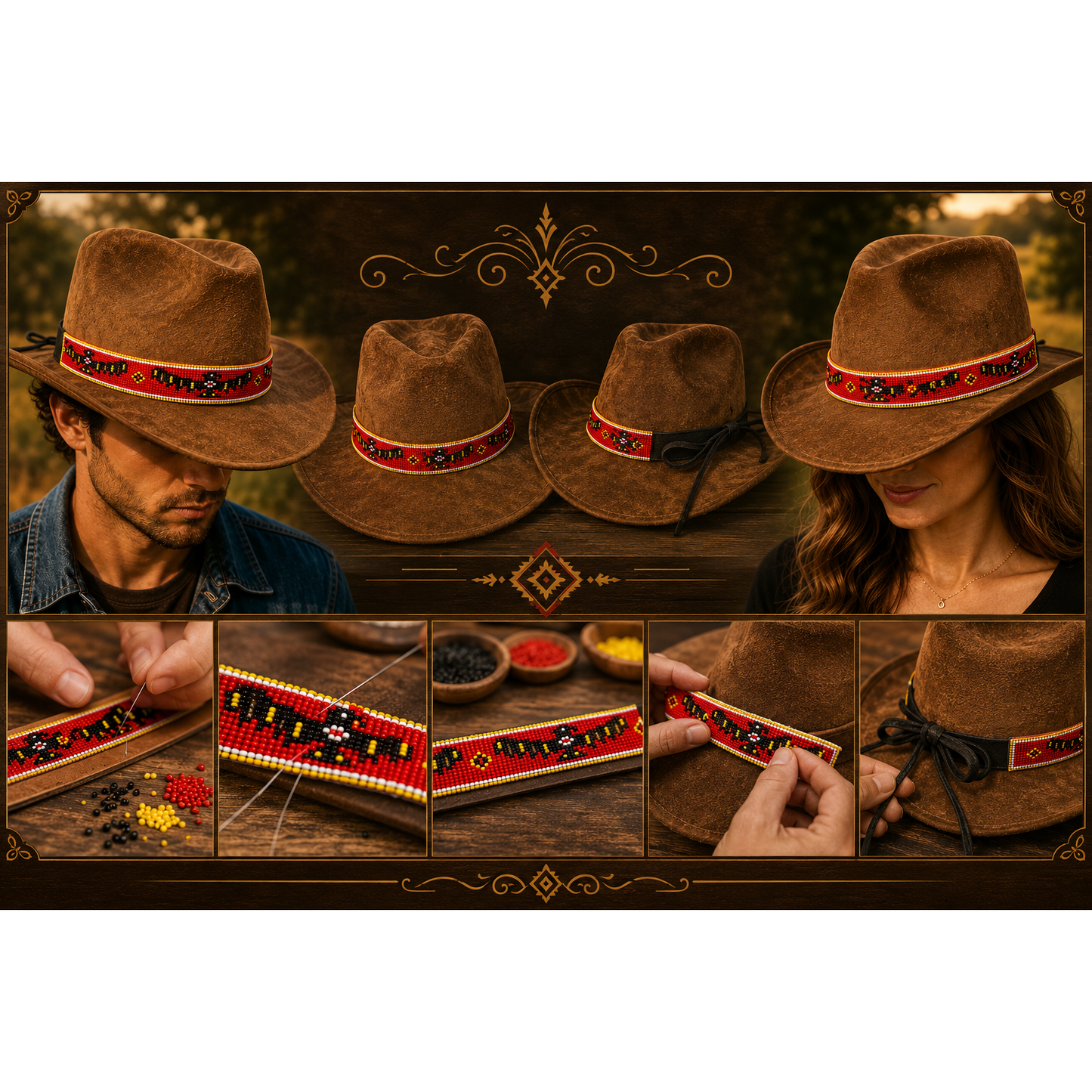 Handmade Beaded Native style Red Black Eagle Cowboy Hatband